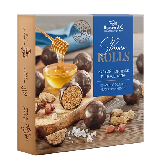 Конфеты «Shoco Rolls» с солёным арахисом и медом в шоколадной глазури 135 гр. Берестов А.С.